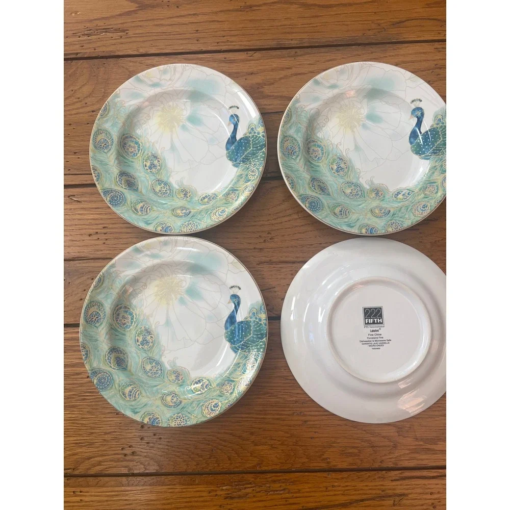 222 Fifth Lakshmi Peacock Fine China Bread and Butter Plates Set of 4 Teal Gold